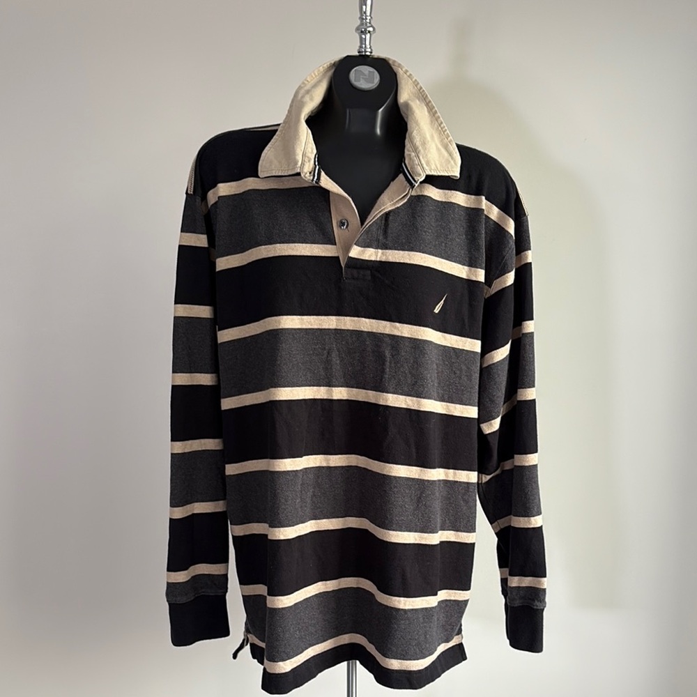 Nautica Black and Cream Striped Long Sleeve Shirt